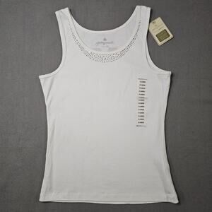 NWT Womens Rhinestone Neck White Basic Tank Top Green Source XL Organic Cotton